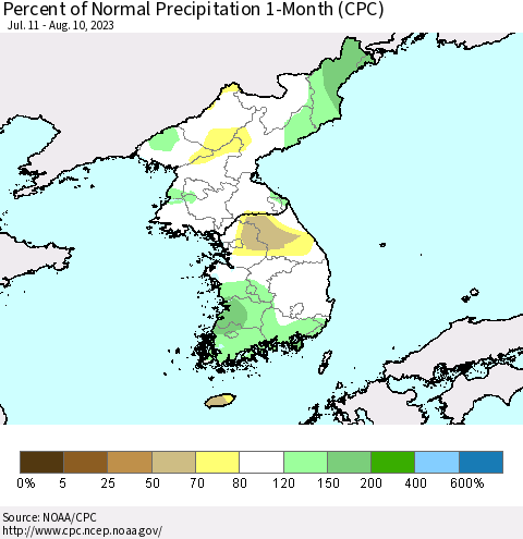 Korea Percent of Normal Precipitation 1-Month (CPC) Thematic Map For 7/11/2023 - 8/10/2023