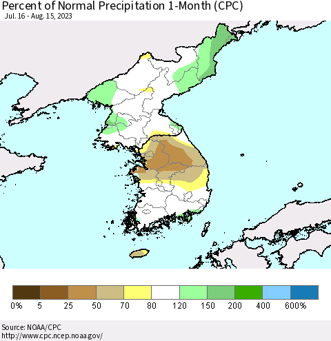 Korea Percent of Normal Precipitation 1-Month (CPC) Thematic Map For 7/16/2023 - 8/15/2023