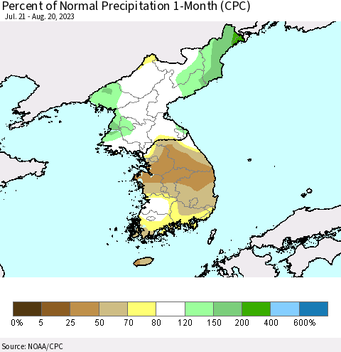 Korea Percent of Normal Precipitation 1-Month (CPC) Thematic Map For 7/21/2023 - 8/20/2023