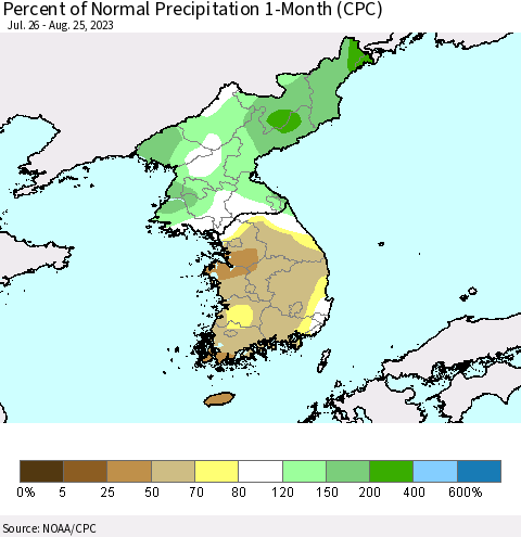 Korea Percent of Normal Precipitation 1-Month (CPC) Thematic Map For 7/26/2023 - 8/25/2023