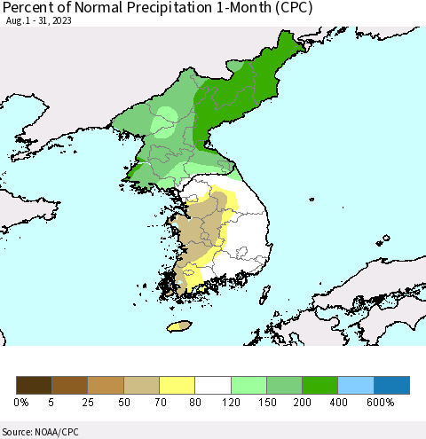 Korea Percent of Normal Precipitation 1-Month (CPC) Thematic Map For 8/1/2023 - 8/31/2023