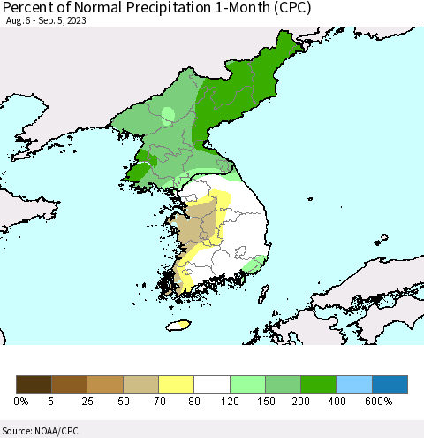 Korea Percent of Normal Precipitation 1-Month (CPC) Thematic Map For 8/6/2023 - 9/5/2023