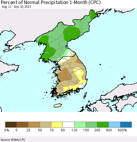 Korea Percent of Normal Precipitation 1-Month (CPC) Thematic Map For 8/11/2023 - 9/10/2023
