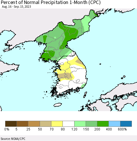 Korea Percent of Normal Precipitation 1-Month (CPC) Thematic Map For 8/16/2023 - 9/15/2023
