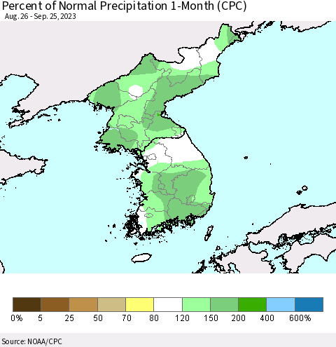 Korea Percent of Normal Precipitation 1-Month (CPC) Thematic Map For 8/26/2023 - 9/25/2023