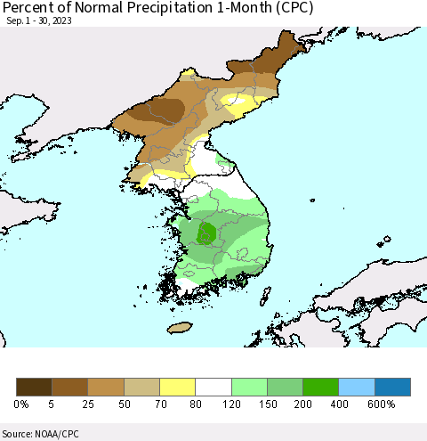 Korea Percent of Normal Precipitation 1-Month (CPC) Thematic Map For 9/1/2023 - 9/30/2023