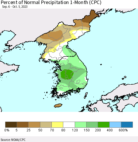 Korea Percent of Normal Precipitation 1-Month (CPC) Thematic Map For 9/6/2023 - 10/5/2023