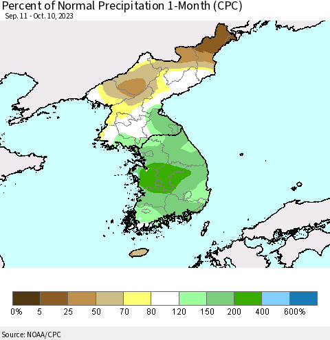 Korea Percent of Normal Precipitation 1-Month (CPC) Thematic Map For 9/11/2023 - 10/10/2023