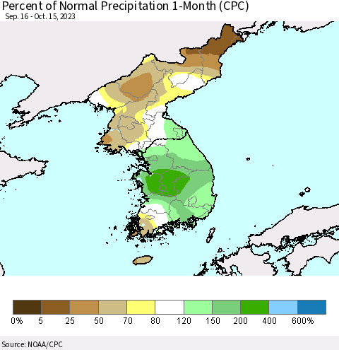 Korea Percent of Normal Precipitation 1-Month (CPC) Thematic Map For 9/16/2023 - 10/15/2023