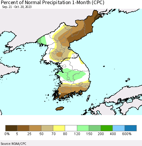 Korea Percent of Normal Precipitation 1-Month (CPC) Thematic Map For 9/21/2023 - 10/20/2023