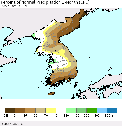 Korea Percent of Normal Precipitation 1-Month (CPC) Thematic Map For 9/26/2023 - 10/25/2023
