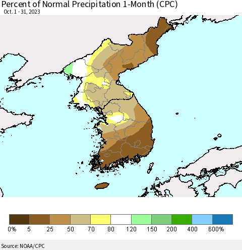 Korea Percent of Normal Precipitation 1-Month (CPC) Thematic Map For 10/1/2023 - 10/31/2023