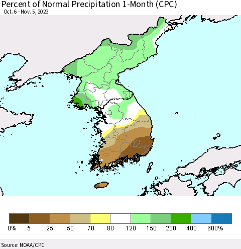 Korea Percent of Normal Precipitation 1-Month (CPC) Thematic Map For 10/6/2023 - 11/5/2023
