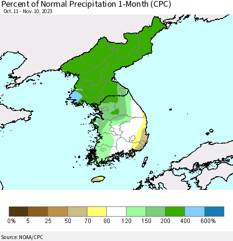 Korea Percent of Normal Precipitation 1-Month (CPC) Thematic Map For 10/11/2023 - 11/10/2023