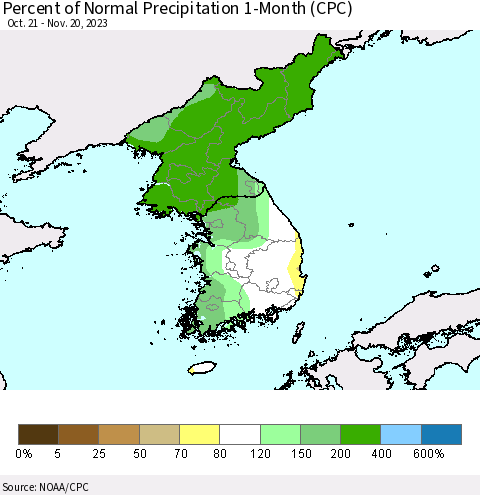 Korea Percent of Normal Precipitation 1-Month (CPC) Thematic Map For 10/21/2023 - 11/20/2023