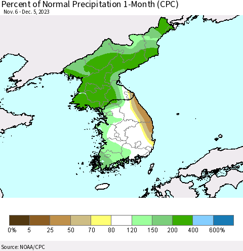 Korea Percent of Normal Precipitation 1-Month (CPC) Thematic Map For 11/6/2023 - 12/5/2023