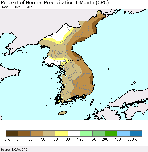 Korea Percent of Normal Precipitation 1-Month (CPC) Thematic Map For 11/11/2023 - 12/10/2023