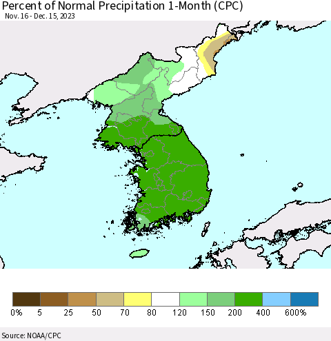 Korea Percent of Normal Precipitation 1-Month (CPC) Thematic Map For 11/16/2023 - 12/15/2023