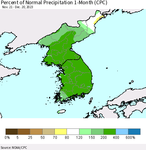 Korea Percent of Normal Precipitation 1-Month (CPC) Thematic Map For 11/21/2023 - 12/20/2023