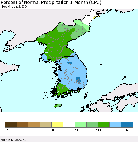Korea Percent of Normal Precipitation 1-Month (CPC) Thematic Map For 12/6/2023 - 1/5/2024