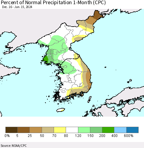 Korea Percent of Normal Precipitation 1-Month (CPC) Thematic Map For 12/16/2023 - 1/15/2024