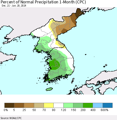 Korea Percent of Normal Precipitation 1-Month (CPC) Thematic Map For 12/21/2023 - 1/20/2024