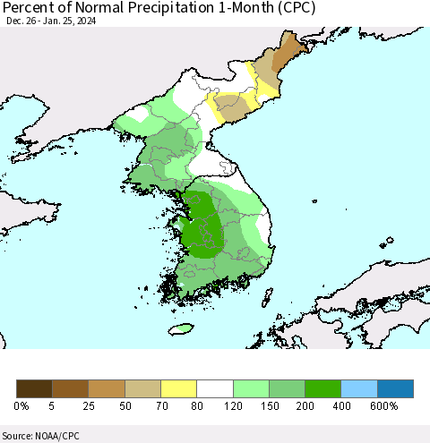 Korea Percent of Normal Precipitation 1-Month (CPC) Thematic Map For 12/26/2023 - 1/25/2024