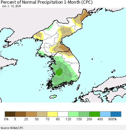Korea Percent of Normal Precipitation 1-Month (CPC) Thematic Map For 1/1/2024 - 1/31/2024