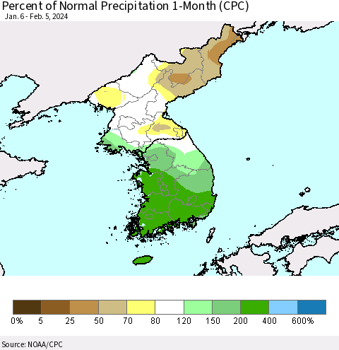 Korea Percent of Normal Precipitation 1-Month (CPC) Thematic Map For 1/6/2024 - 2/5/2024