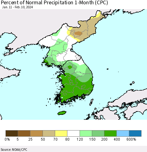Korea Percent of Normal Precipitation 1-Month (CPC) Thematic Map For 1/11/2024 - 2/10/2024