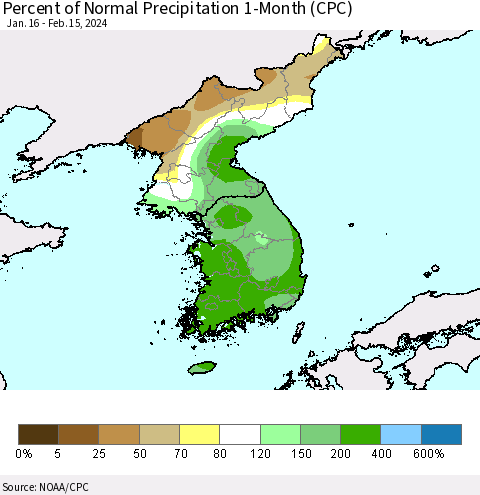 Korea Percent of Normal Precipitation 1-Month (CPC) Thematic Map For 1/16/2024 - 2/15/2024