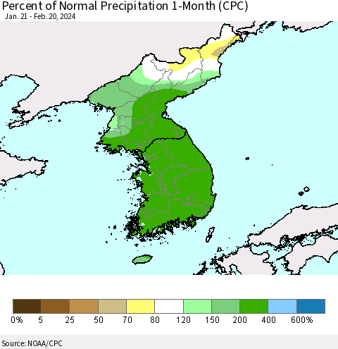 Korea Percent of Normal Precipitation 1-Month (CPC) Thematic Map For 1/21/2024 - 2/20/2024