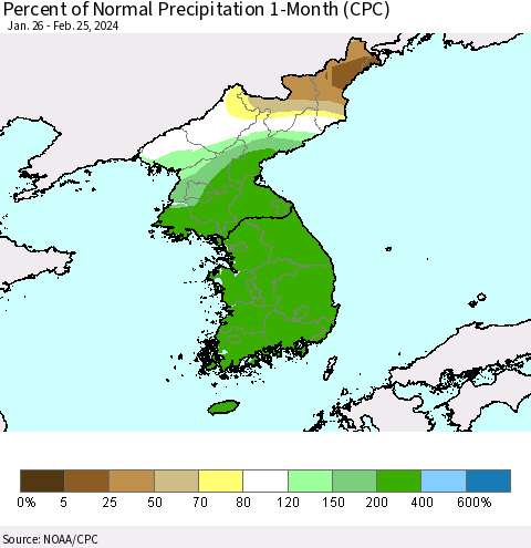 Korea Percent of Normal Precipitation 1-Month (CPC) Thematic Map For 1/26/2024 - 2/25/2024