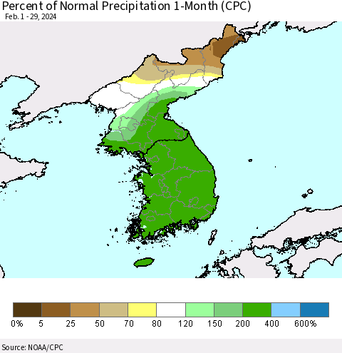 Korea Percent of Normal Precipitation 1-Month (CPC) Thematic Map For 2/1/2024 - 2/29/2024