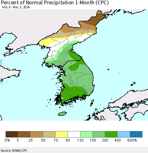 Korea Percent of Normal Precipitation 1-Month (CPC) Thematic Map For 2/6/2024 - 3/5/2024