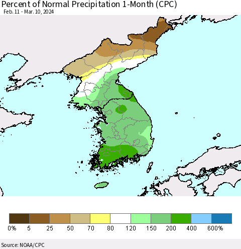 Korea Percent of Normal Precipitation 1-Month (CPC) Thematic Map For 2/11/2024 - 3/10/2024