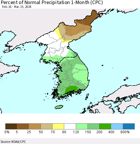 Korea Percent of Normal Precipitation 1-Month (CPC) Thematic Map For 2/16/2024 - 3/15/2024