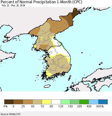 Korea Percent of Normal Precipitation 1-Month (CPC) Thematic Map For 2/21/2024 - 3/20/2024