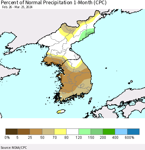 Korea Percent of Normal Precipitation 1-Month (CPC) Thematic Map For 2/26/2024 - 3/25/2024