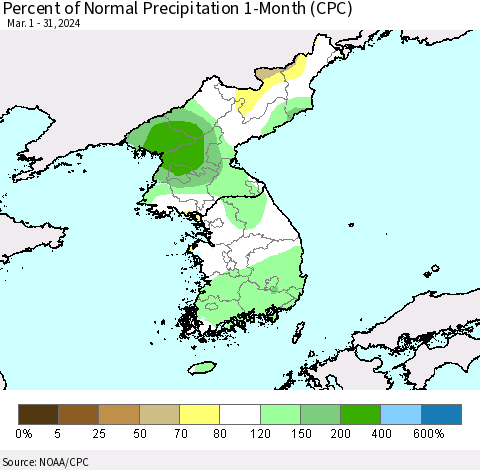 Korea Percent of Normal Precipitation 1-Month (CPC) Thematic Map For 3/1/2024 - 3/31/2024