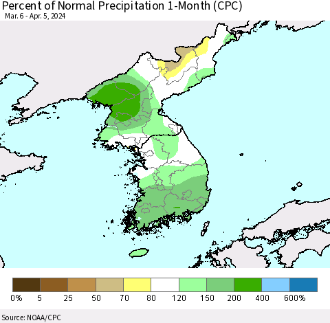 Korea Percent of Normal Precipitation 1-Month (CPC) Thematic Map For 3/6/2024 - 4/5/2024