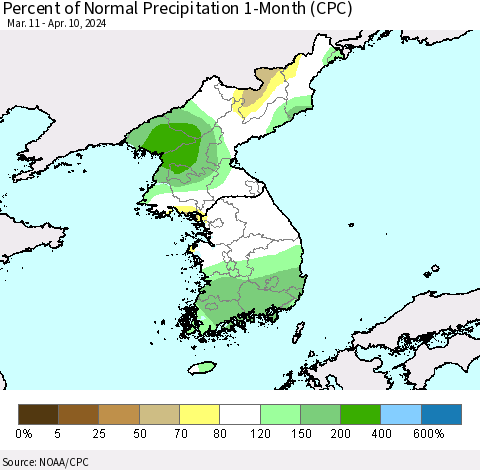 Korea Percent of Normal Precipitation 1-Month (CPC) Thematic Map For 3/11/2024 - 4/10/2024