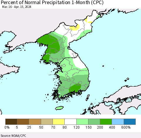 Korea Percent of Normal Precipitation 1-Month (CPC) Thematic Map For 3/16/2024 - 4/15/2024