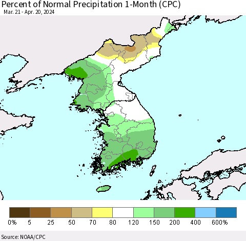 Korea Percent of Normal Precipitation 1-Month (CPC) Thematic Map For 3/21/2024 - 4/20/2024