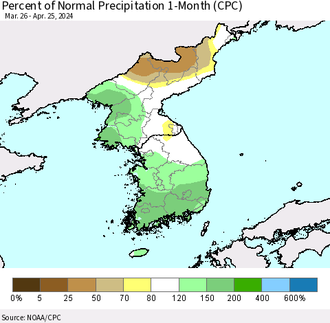 Korea Percent of Normal Precipitation 1-Month (CPC) Thematic Map For 3/26/2024 - 4/25/2024