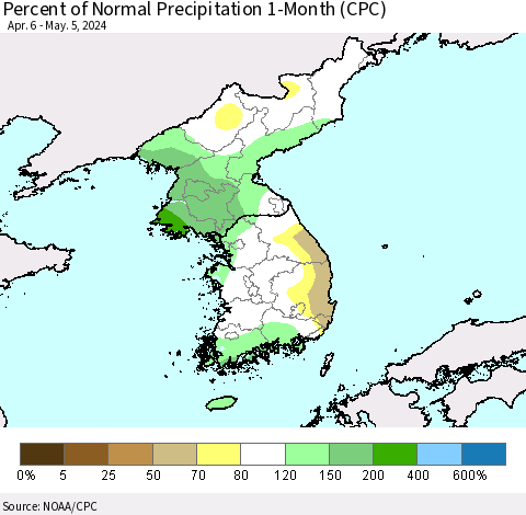 Korea Percent of Normal Precipitation 1-Month (CPC) Thematic Map For 4/6/2024 - 5/5/2024