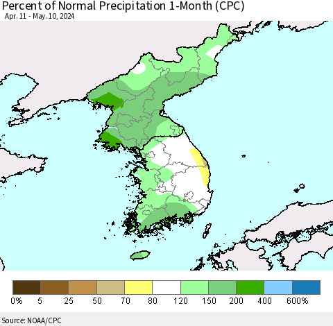 Korea Percent of Normal Precipitation 1-Month (CPC) Thematic Map For 4/11/2024 - 5/10/2024