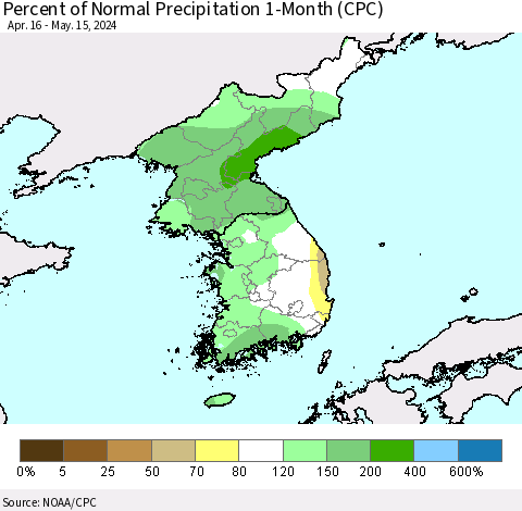 Korea Percent of Normal Precipitation 1-Month (CPC) Thematic Map For 4/16/2024 - 5/15/2024