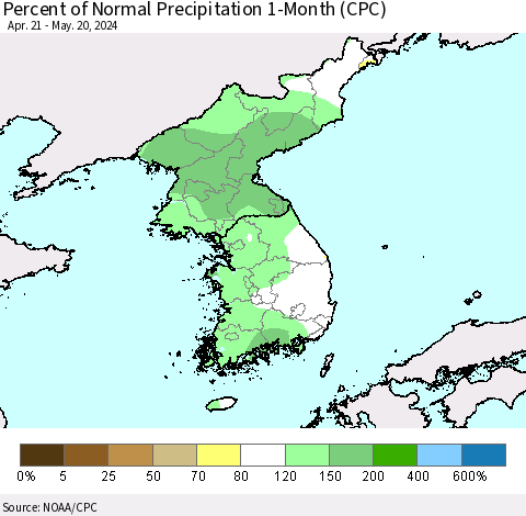 Korea Percent of Normal Precipitation 1-Month (CPC) Thematic Map For 4/21/2024 - 5/20/2024