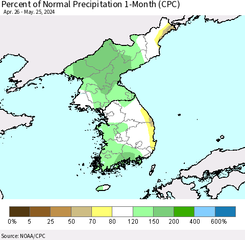 Korea Percent of Normal Precipitation 1-Month (CPC) Thematic Map For 4/26/2024 - 5/25/2024